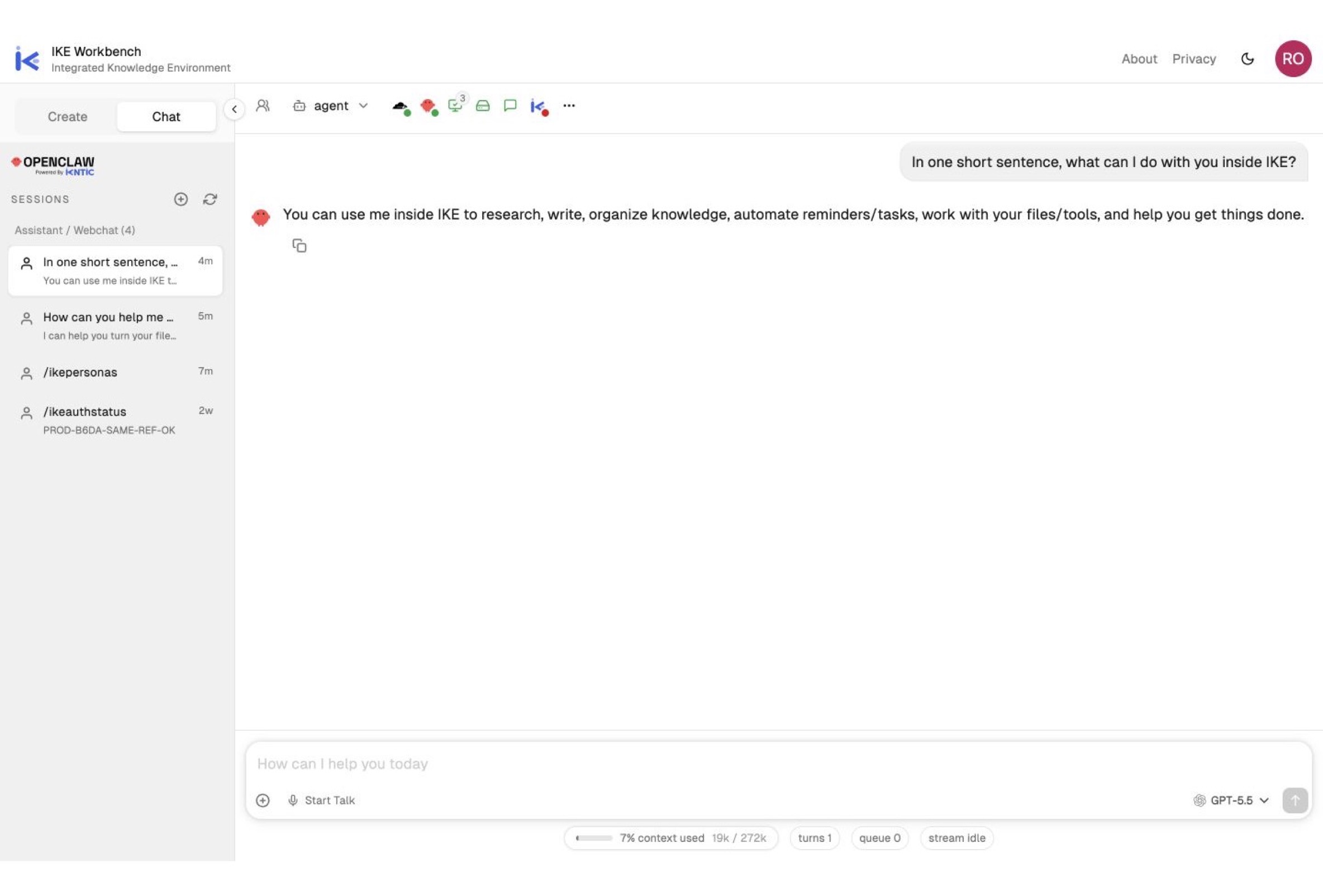 Hosted OpenClaw chat inside the IKE workspace
