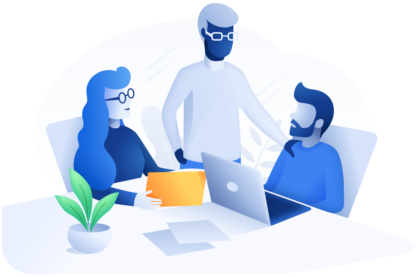 People collaborating around a shared workspace