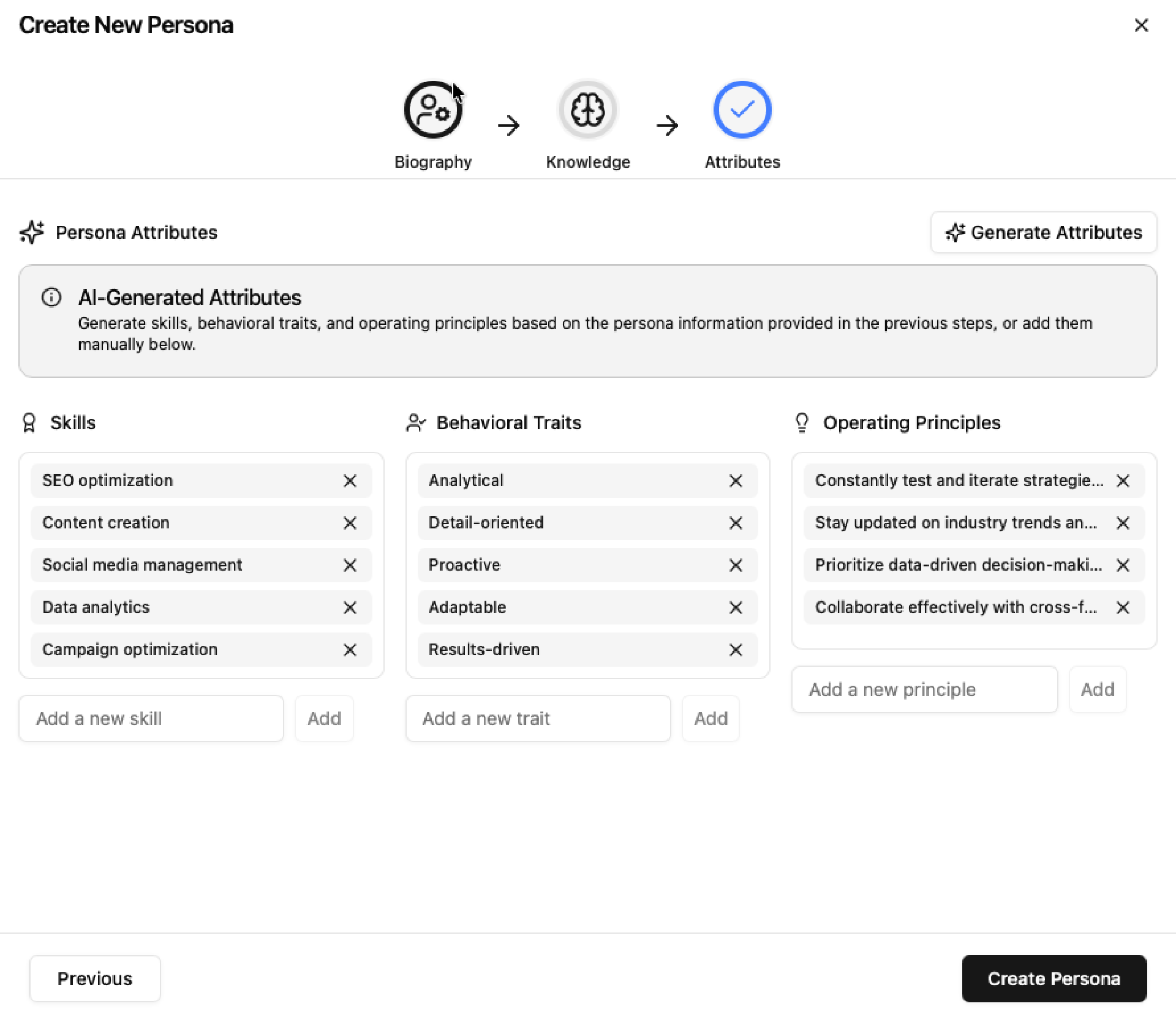 IKE persona builder step three configuring traits and guardrails
