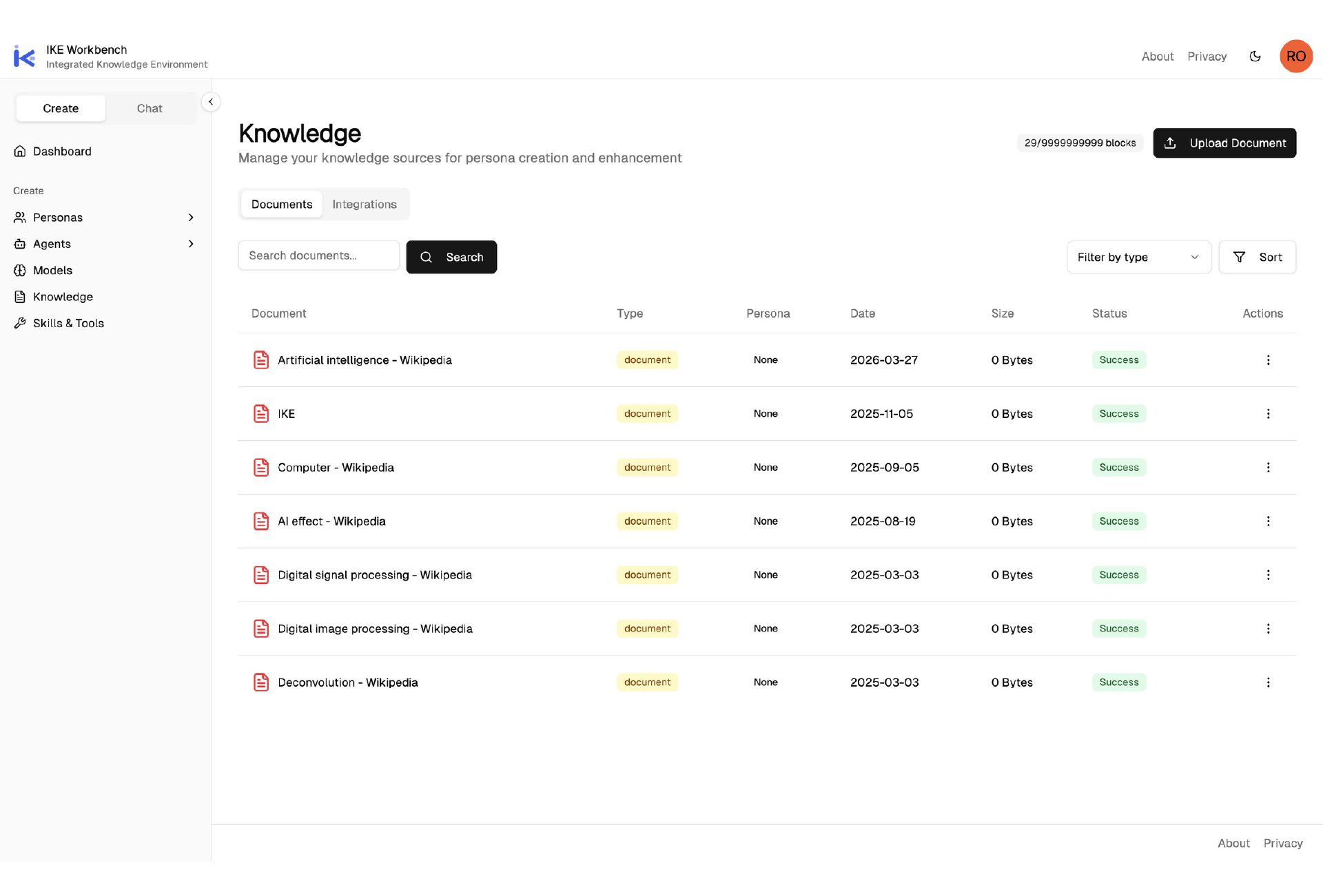 IKE Knowledge documents view showing uploaded sources and processing status
