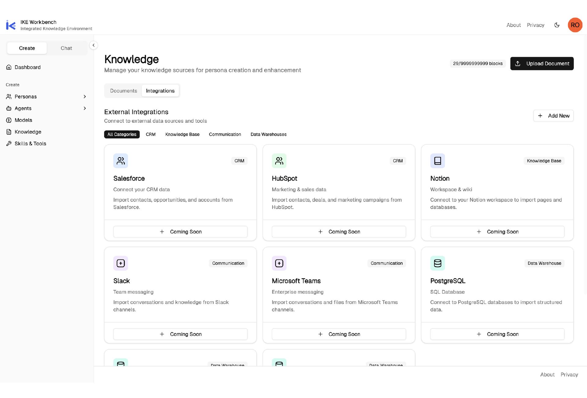 IKE integrations catalog showing upcoming CRM, knowledge-base, communication, and data-warehouse connections