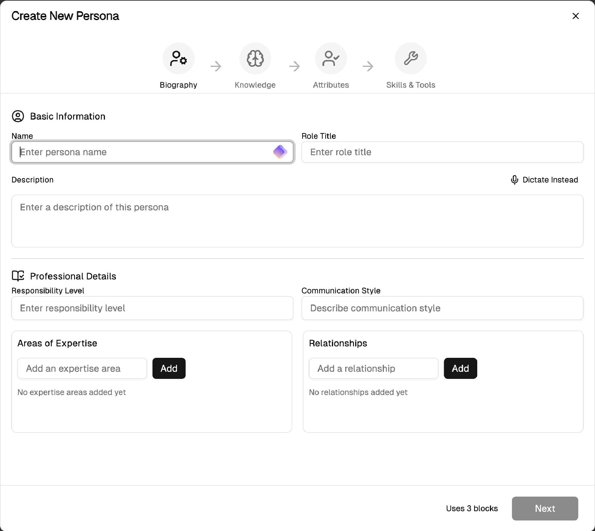IKE Create New Persona view showing biography, knowledge, attributes, and Skills and Tools steps